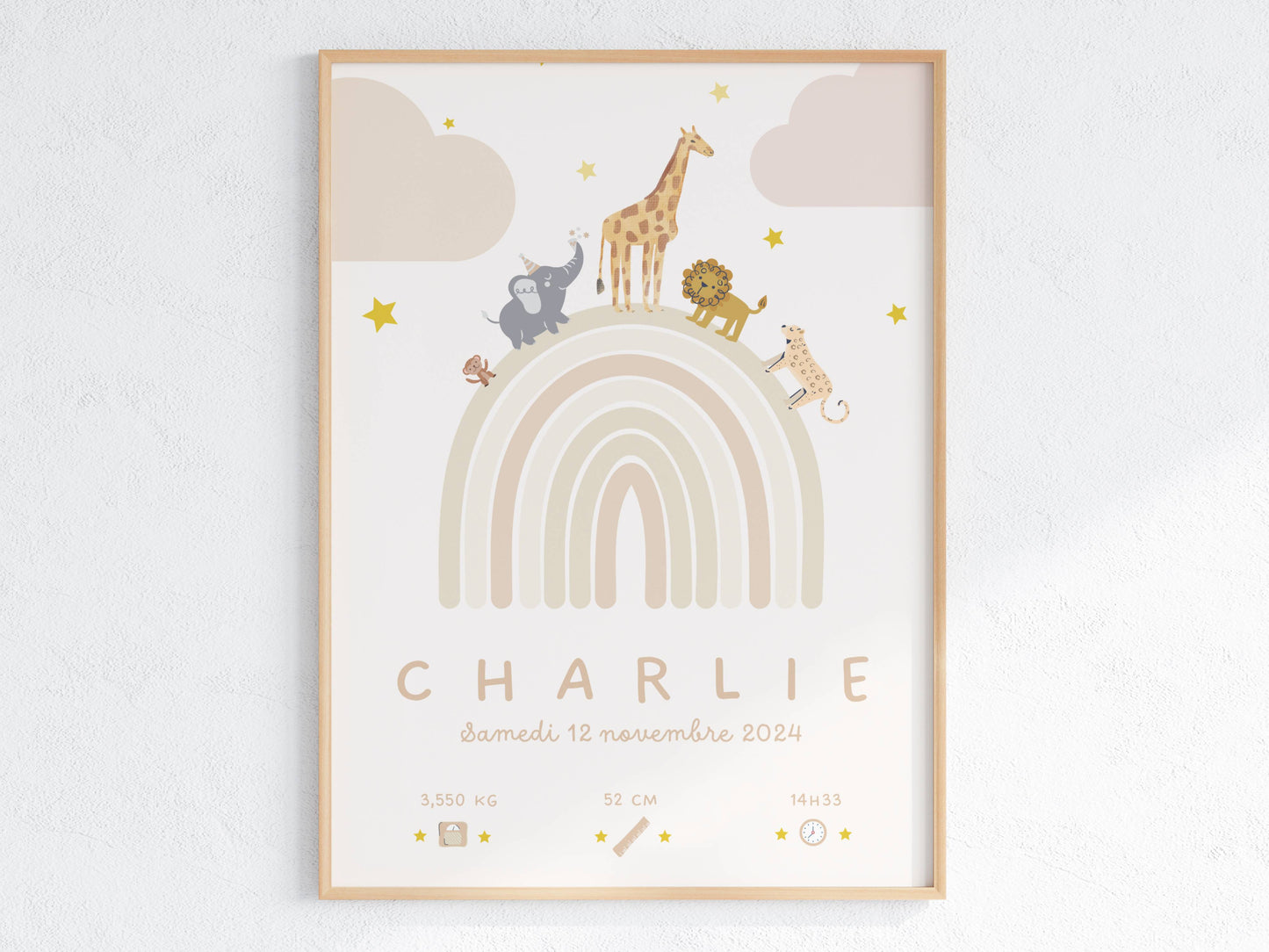 Affiche de naissance personnalisée Arc-en-ciel beige avec prénom, date et poids de bébé