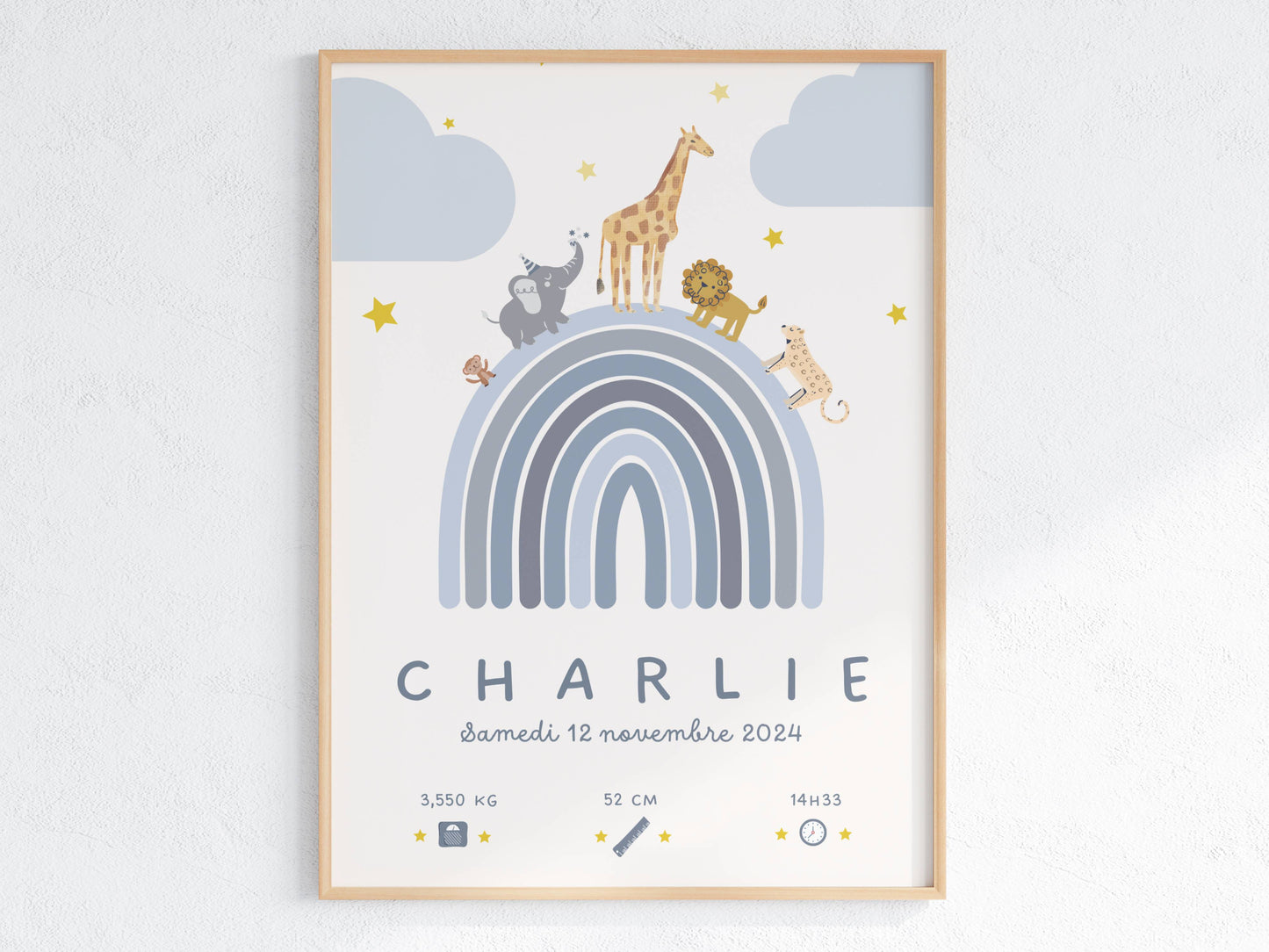 Cadeau bébé original : affiche de naissance Arc-en-ciel bleu avec cadre bois
