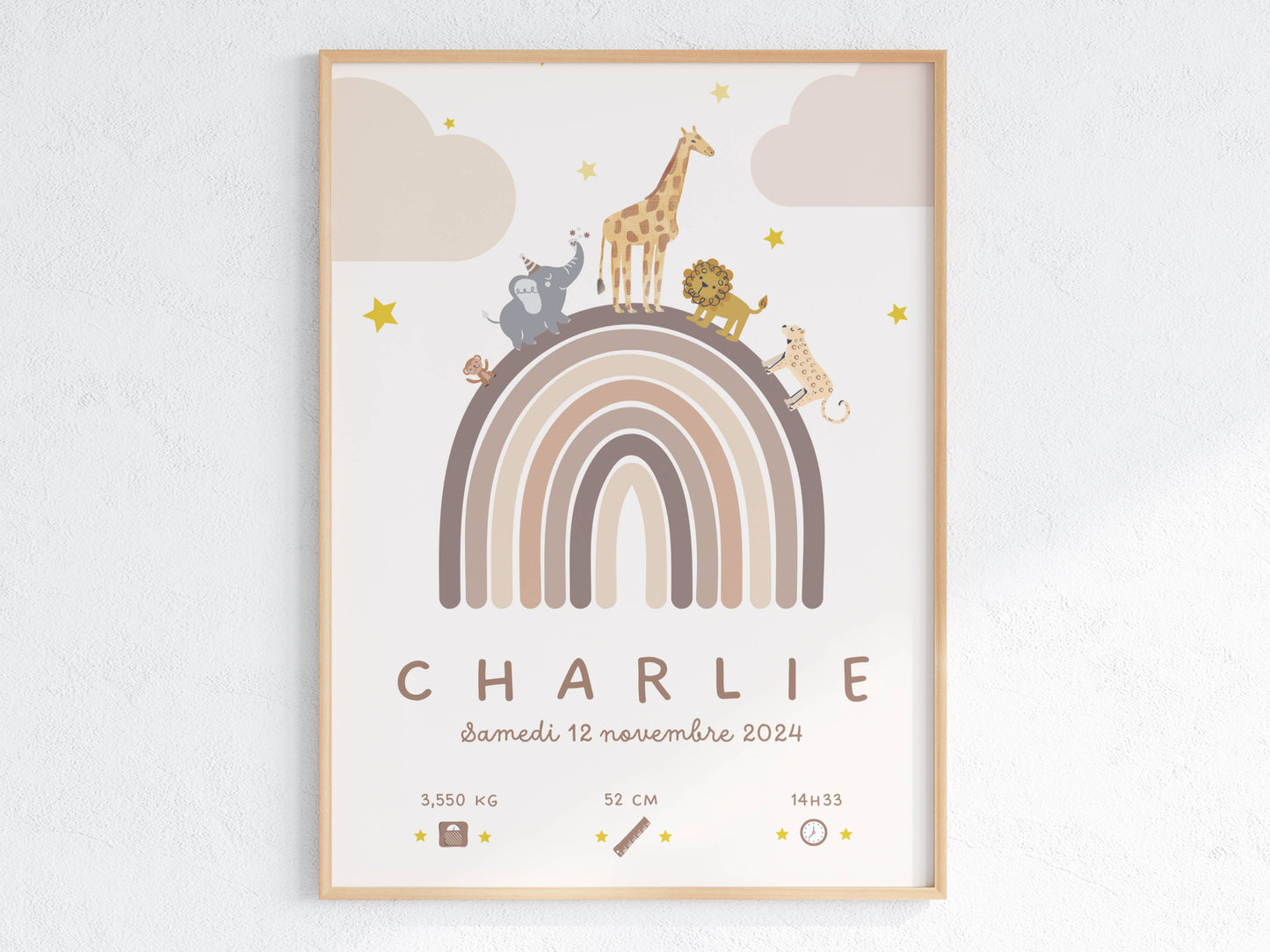 Affiche personnalisée Arc-en-ciel marron (mocha) – souvenir de naissance à encadrer