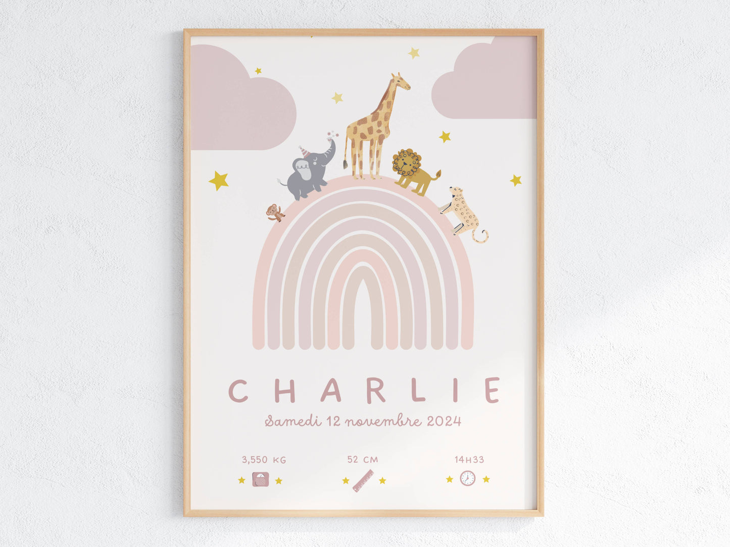 Affiche de naissance personnalisée Arc-en-ciel rose avec prénom, date et poids de bébé
