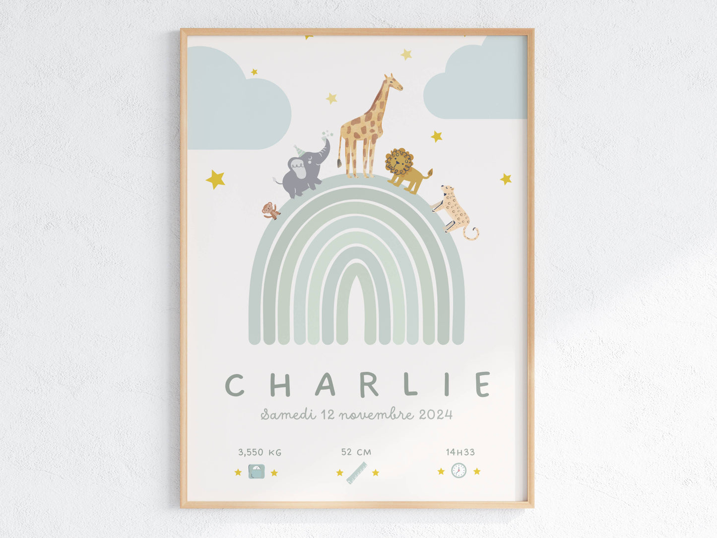 Affiche naissance personnalisée Arc-en-ciel vert clair – cadeau marquant pour nouveau-né