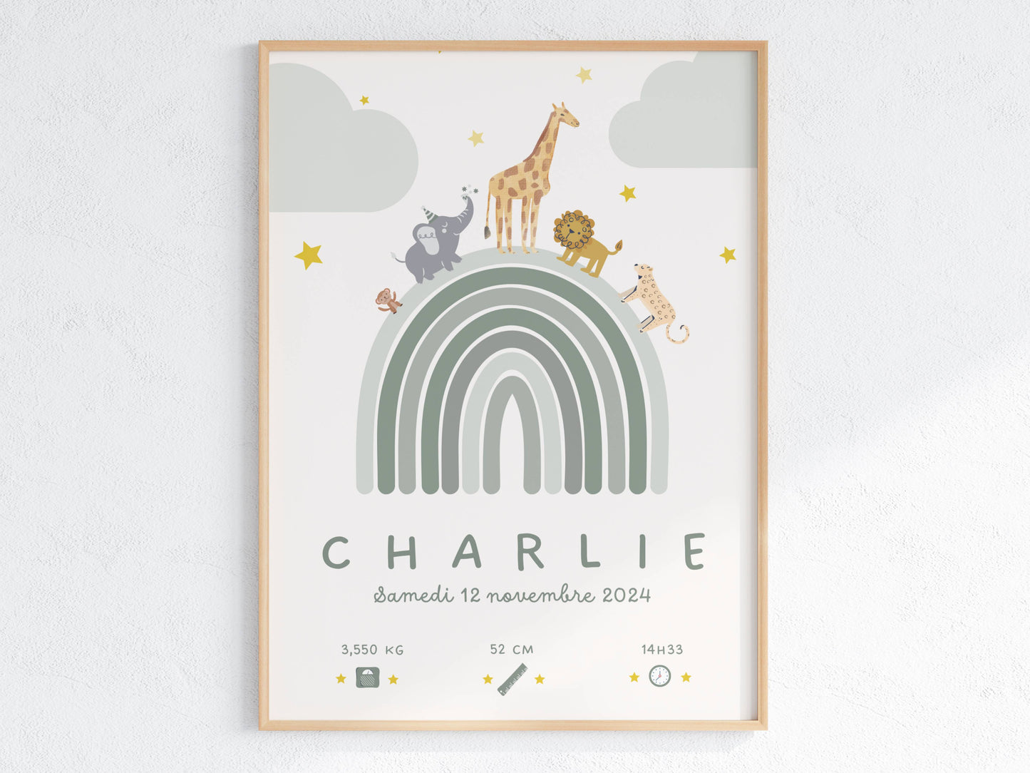 Affiche prénom bébé Arc-en-ciel vert – décoration murale pour chambre d’enfant
