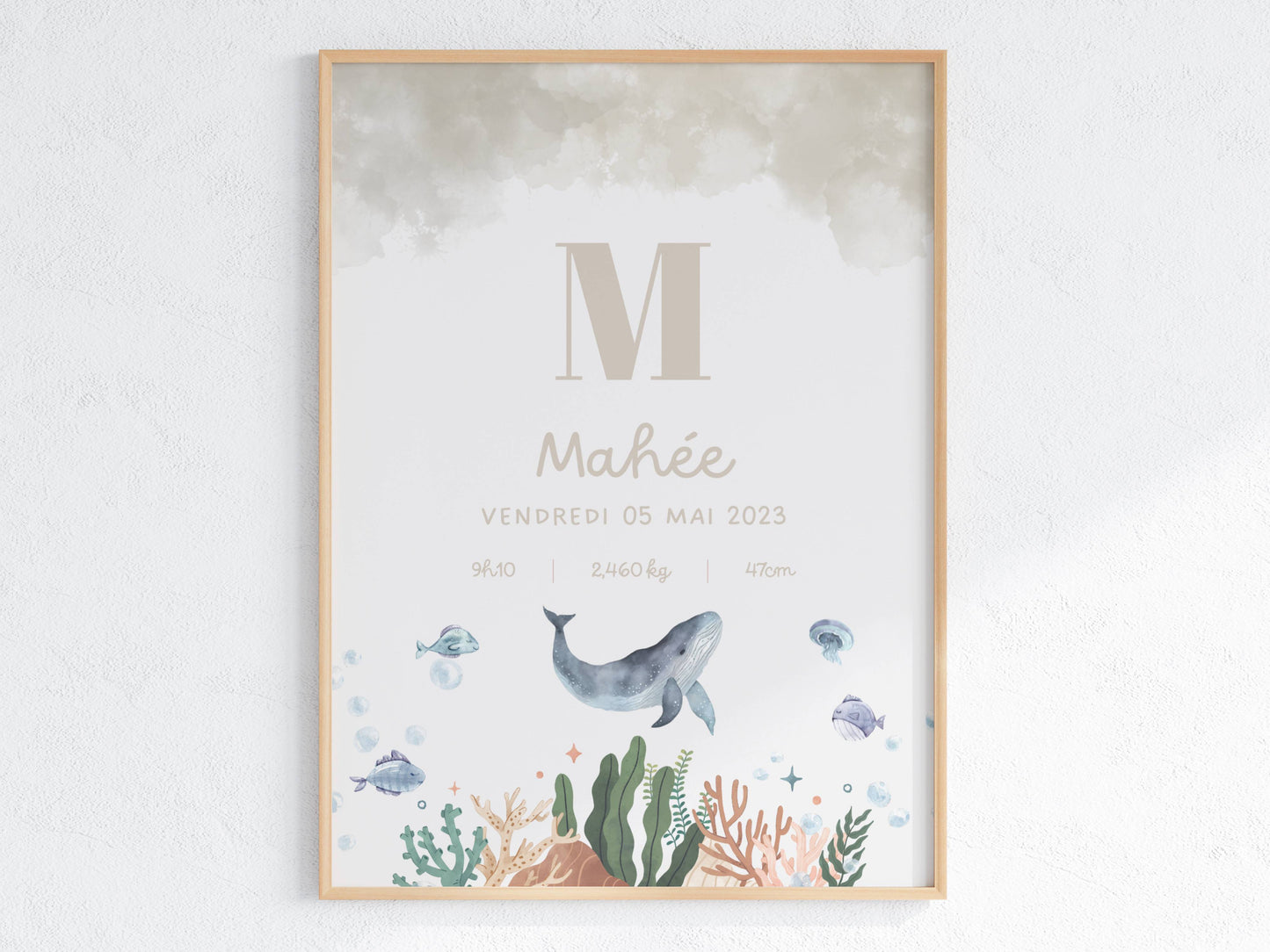Affiche de naissance personnalisée Océan beige avec prénom bébé