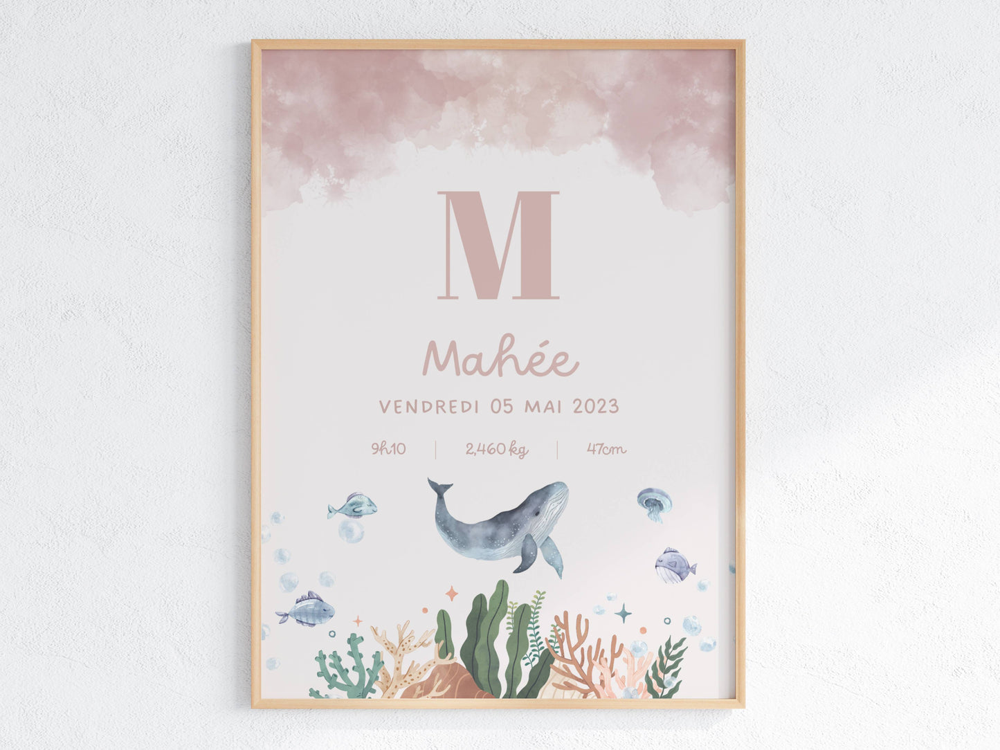 Affiche naissance avec cadre bois – modèle Océan
