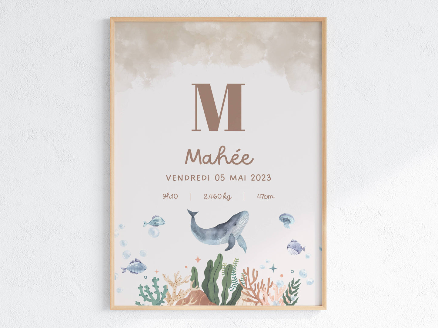 Affiche de naissance personnalisée Océan marron avec prénom bébé pour baptême