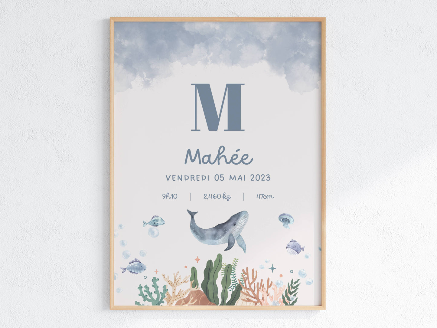 Affiche de naissance personnalisée modèle Océan avec prénom du bébé