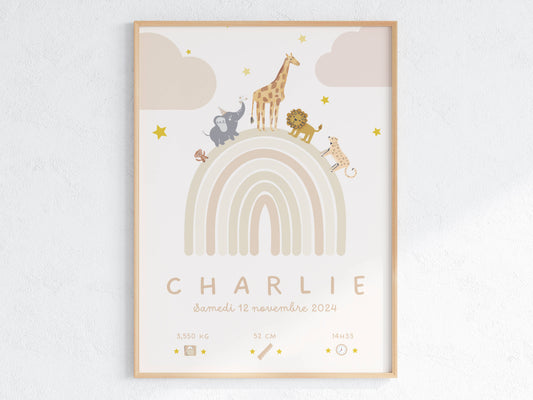 Affiche de naissance personnalisée Arc-en-ciel beige avec prénom, date et poids de bébé