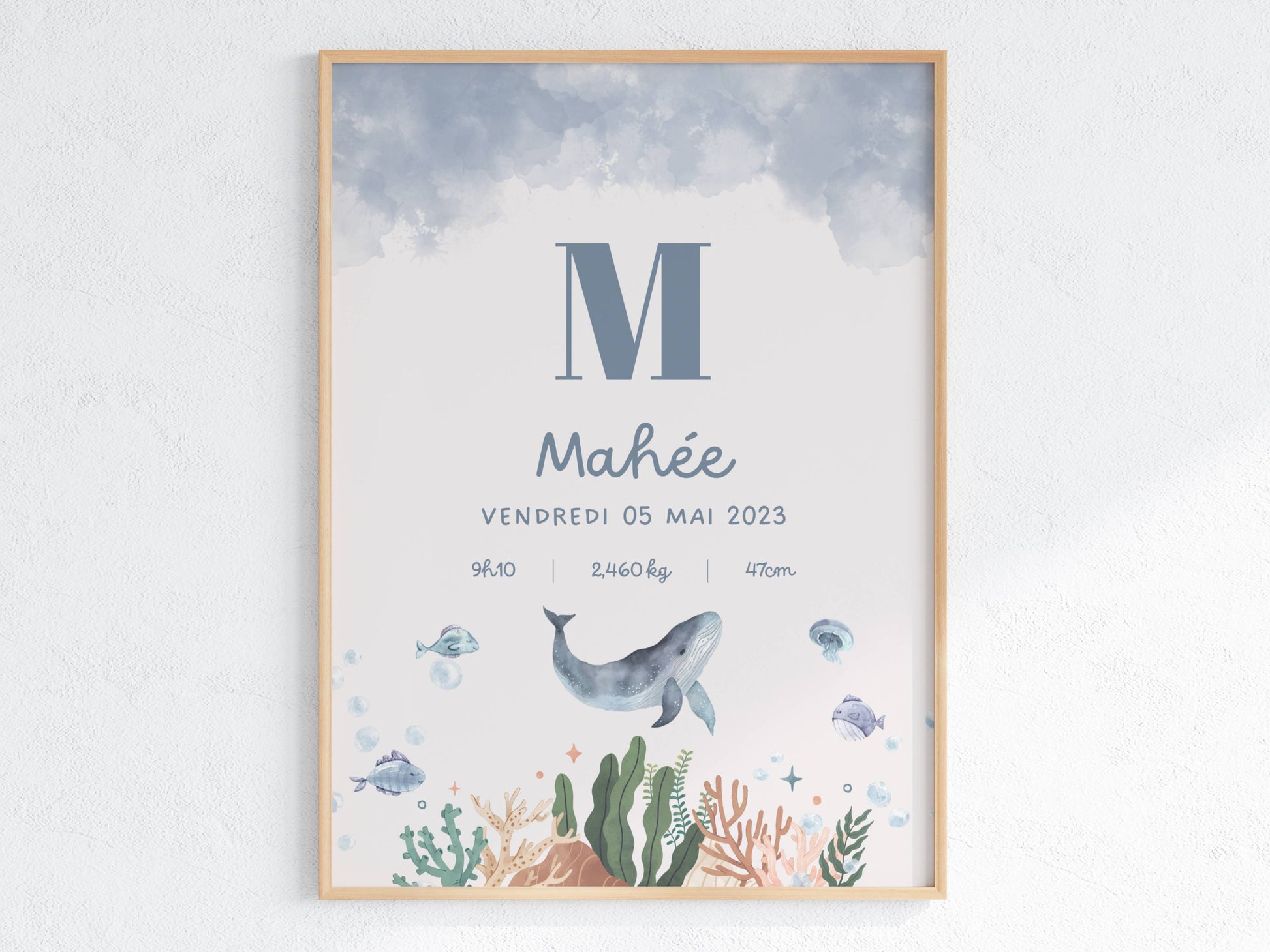 Affiche de naissance personnalisée modèle Océan avec prénom du bébé
