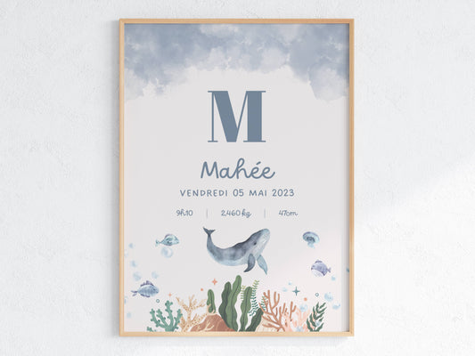 Affiche de naissance personnalisée modèle Océan avec prénom du bébé