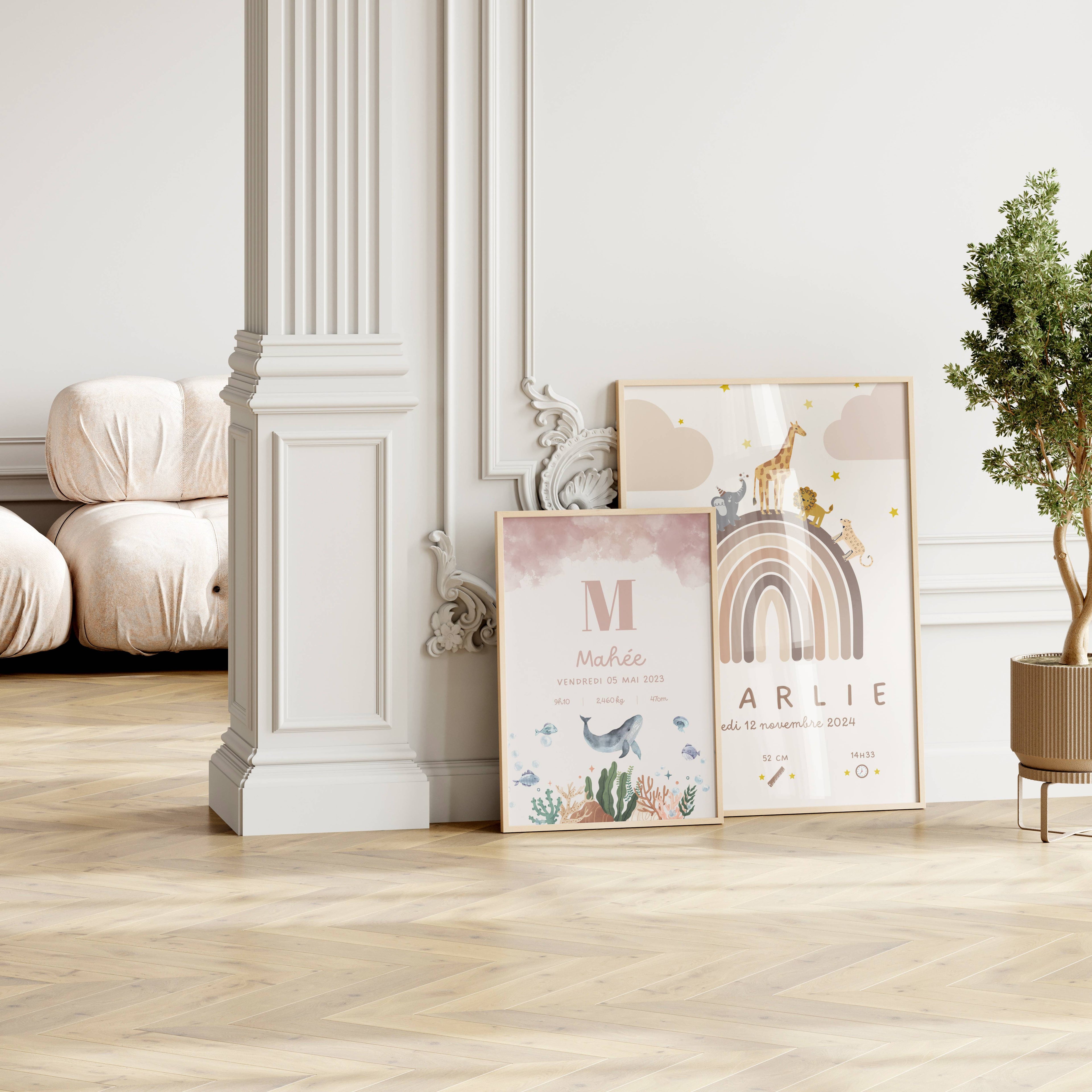 Affiches de naissance personnalisées Arc-en-ciel et Océan – idées cadeaux naissance avec cadre bois
