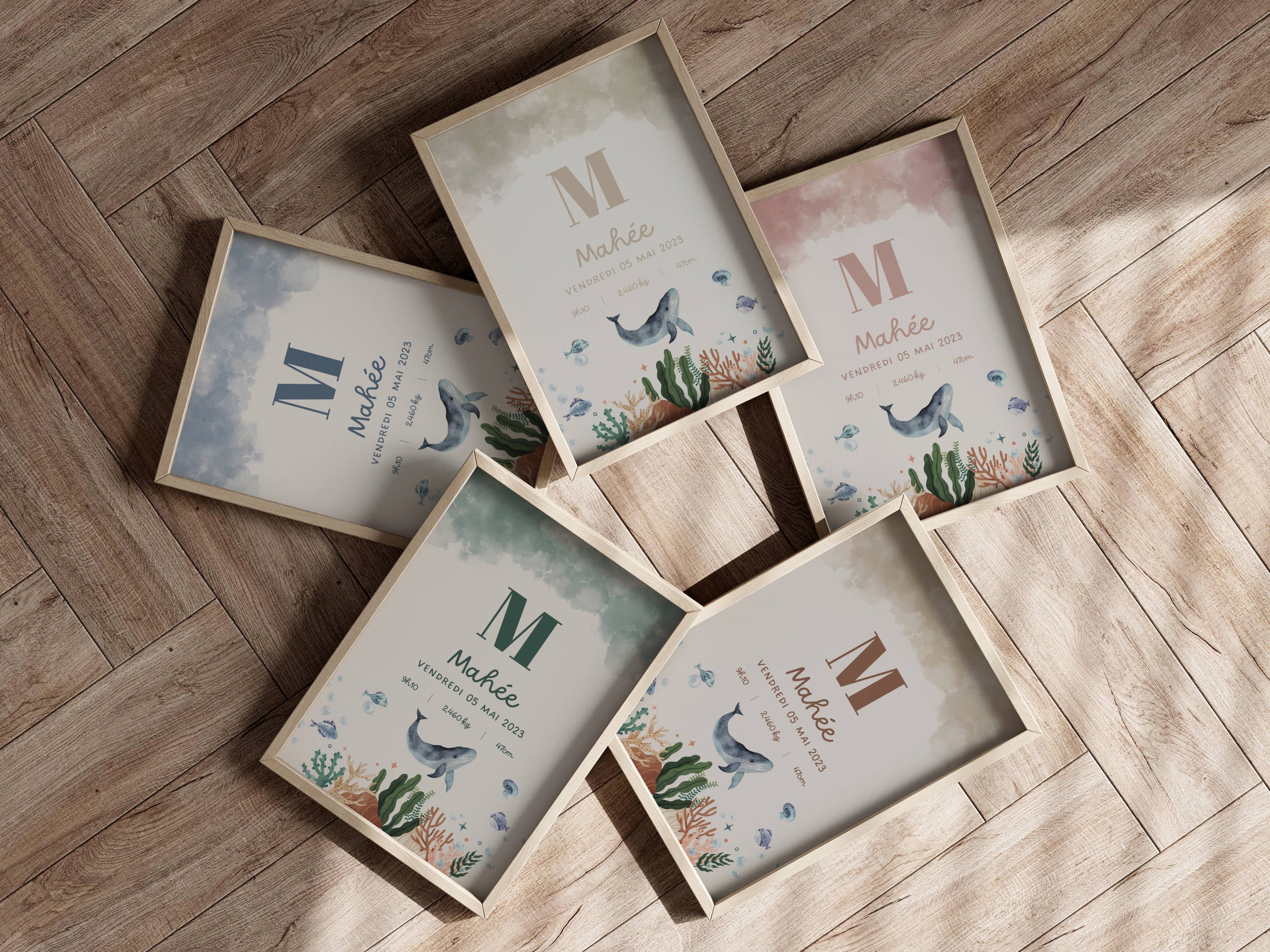 Collection d’affiches de naissance Océan – 5 coloris pastel personnalisés avec prénom et date de naissance